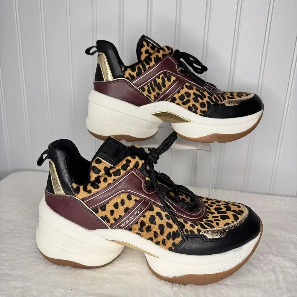 MICHAEL KORS Sz 10 M Olympia Trainer Cheetah Leopard Platform Calf Hair Mesh 10M